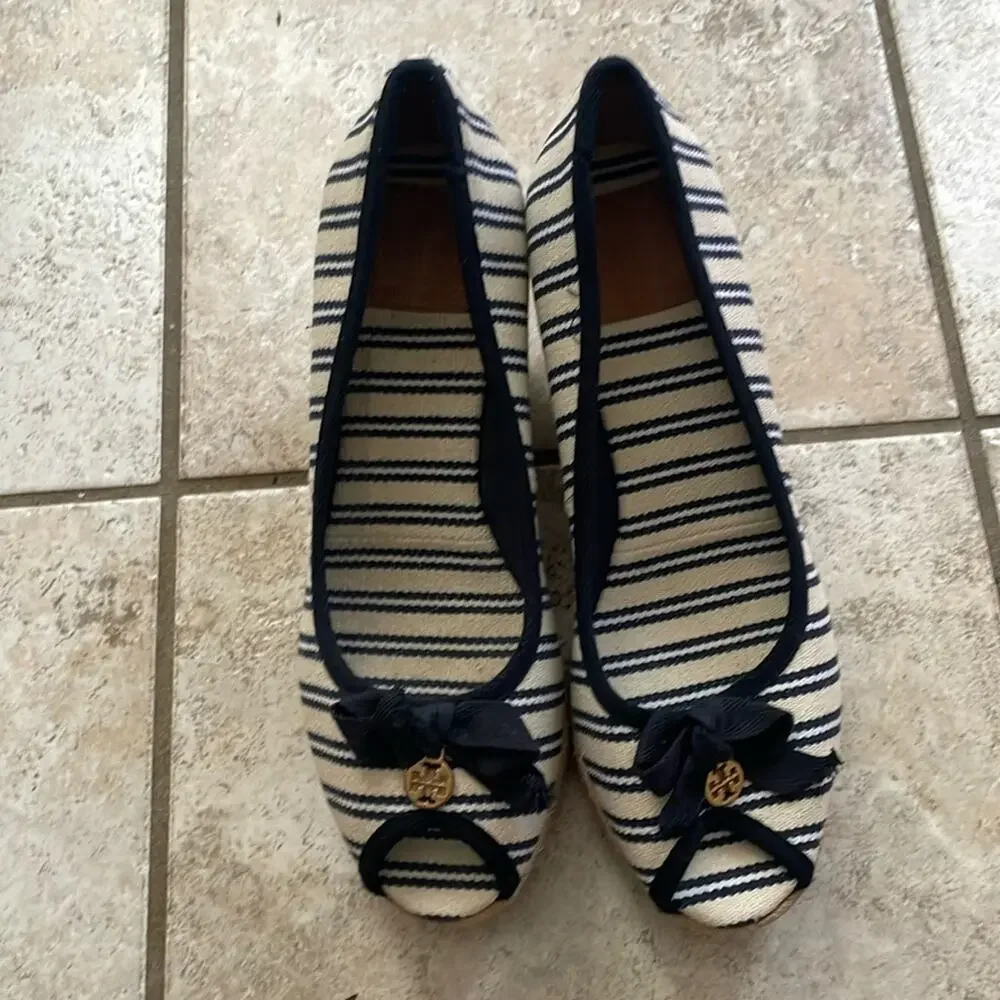 Tory Burch Jackie Striped Peep-Toe Wedge sandal Ivory Navy